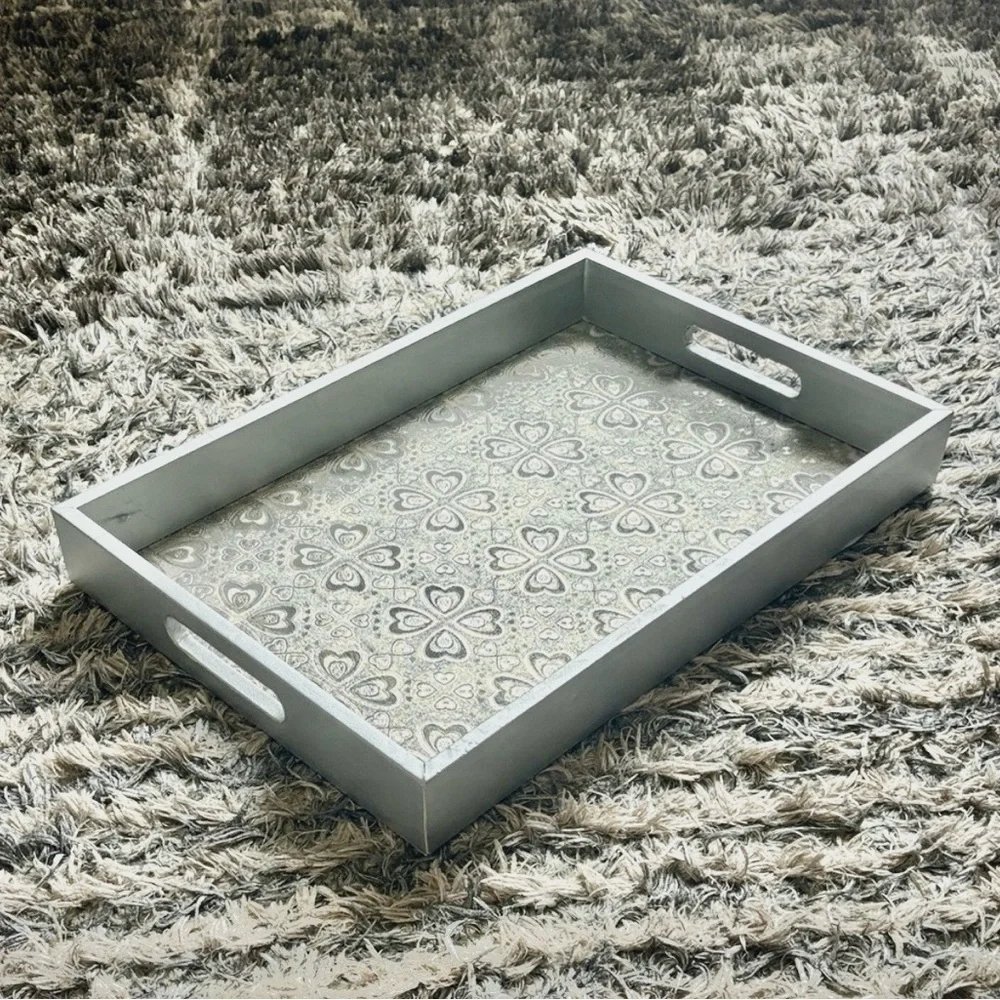 Gray Decorative Vanity Tray with Patterned Insert 17.5 x 12 x 2